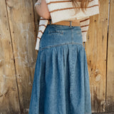 Poppi Pleated Basque-Waist Denim Skirt