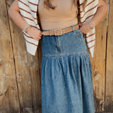 Poppi Pleated Basque-Waist Denim Skirt
