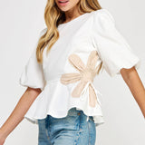Hello Flower Color-Block Poplin Top